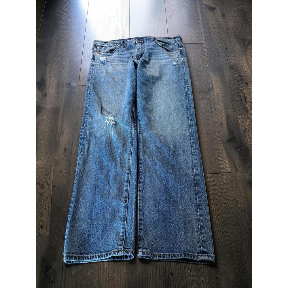 American Eagle Original Straight Mens 34x32 Blue Distressed Easyflex Denim